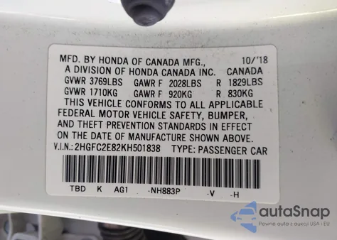 2019 Honda Civic Sport из США, поврежденный, VIN 2HGFC2E82KH501838